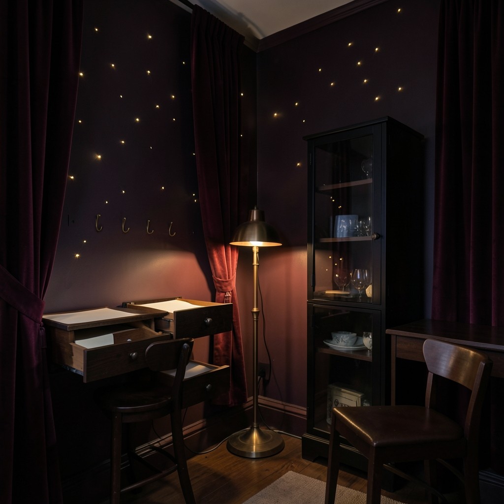 The academy chart room with wood drawers, velvet curtains, and a single copper lamp