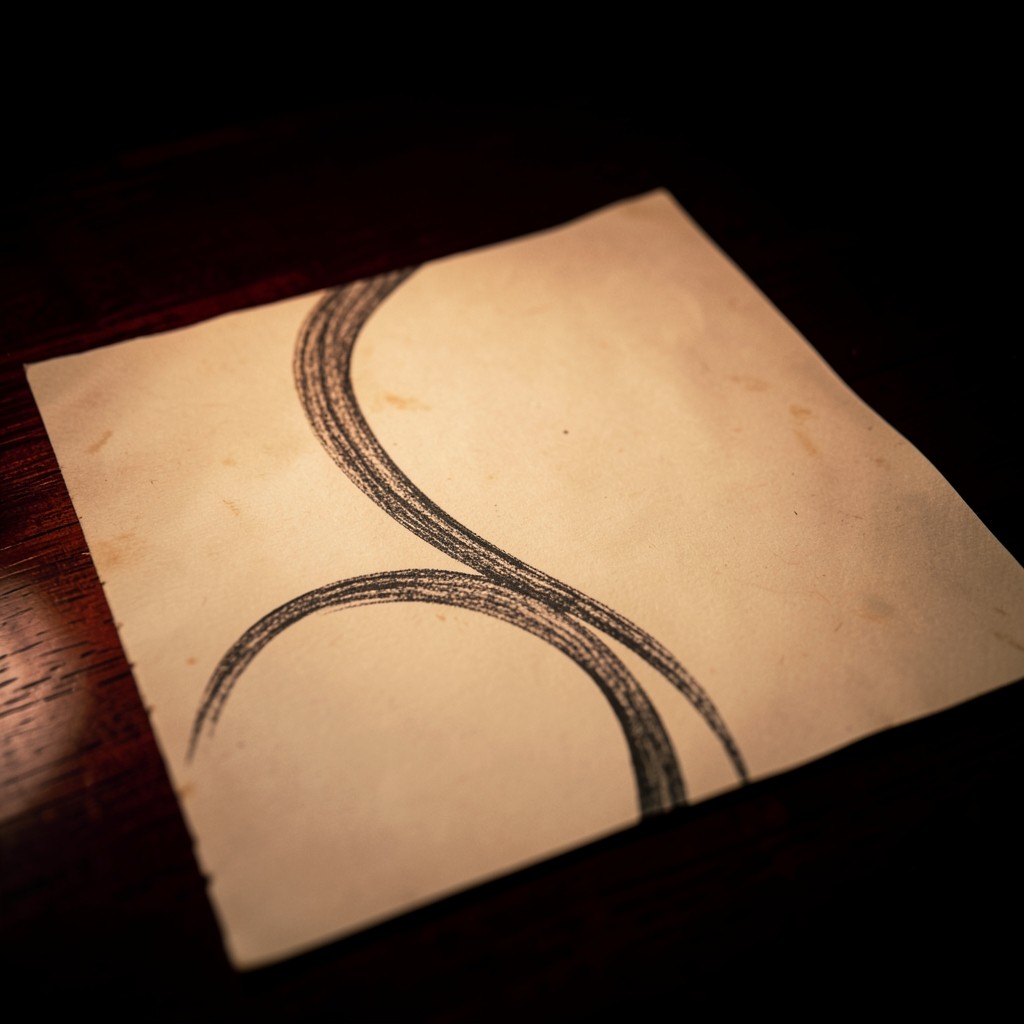 Two smooth pencil curves on lacquered wood, the later curve bending the other way under warm copper light