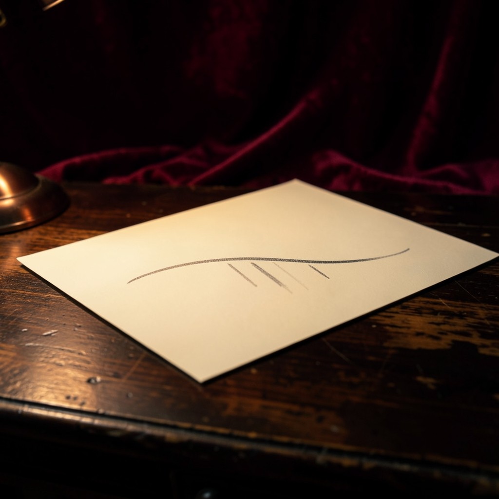 A sparse row of short graphite strokes under a long shallow pencil curve on warm ivory paper