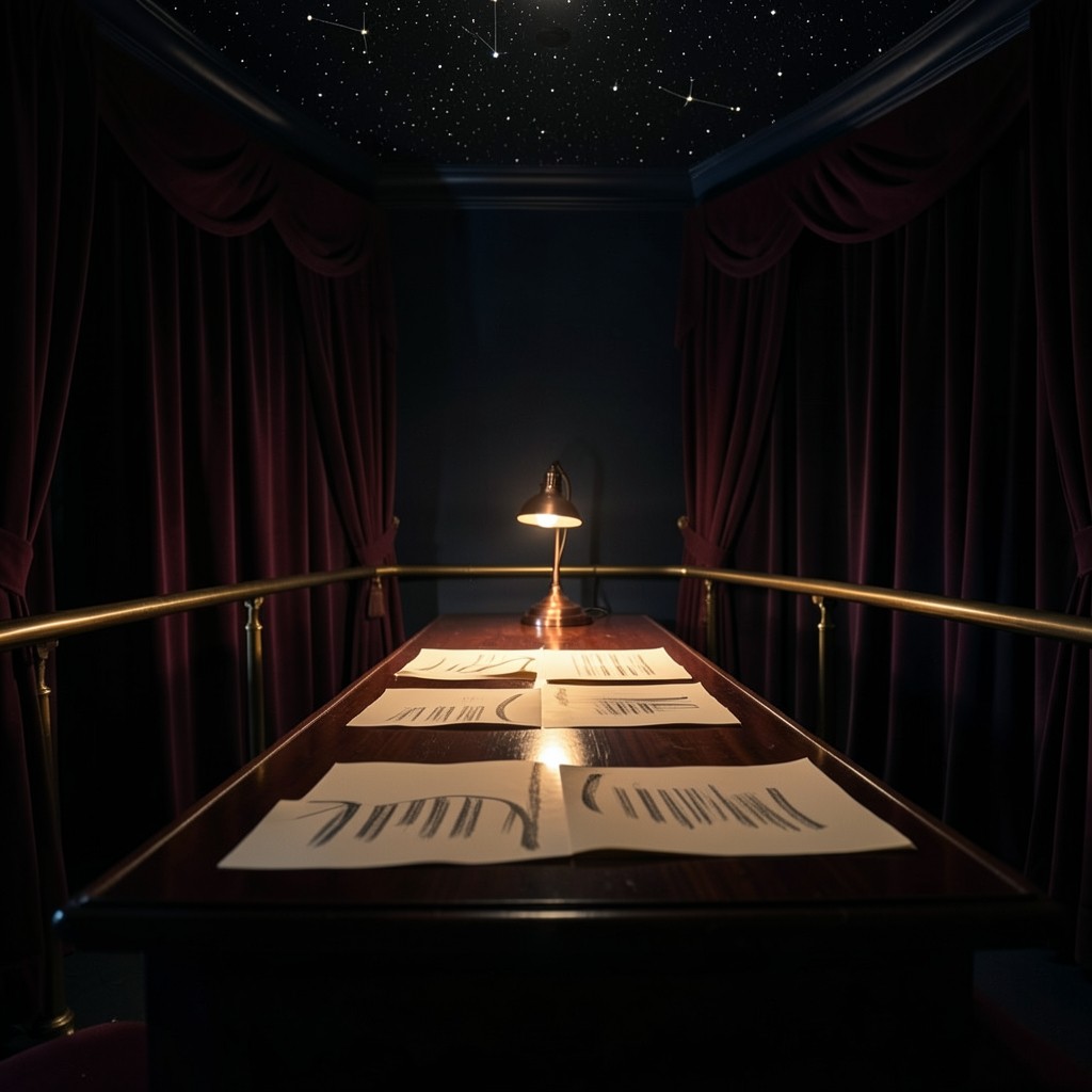 A velvet-lined classroom at night with a lacquered table, copper lamps, and large paper sheets of smooth curves