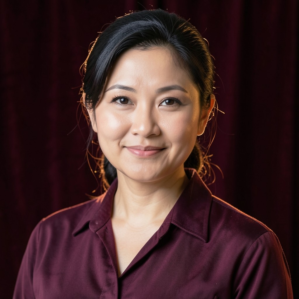 Portrait of Lalin Phromsiri, a woman in her early thirties, against dark plum velvet