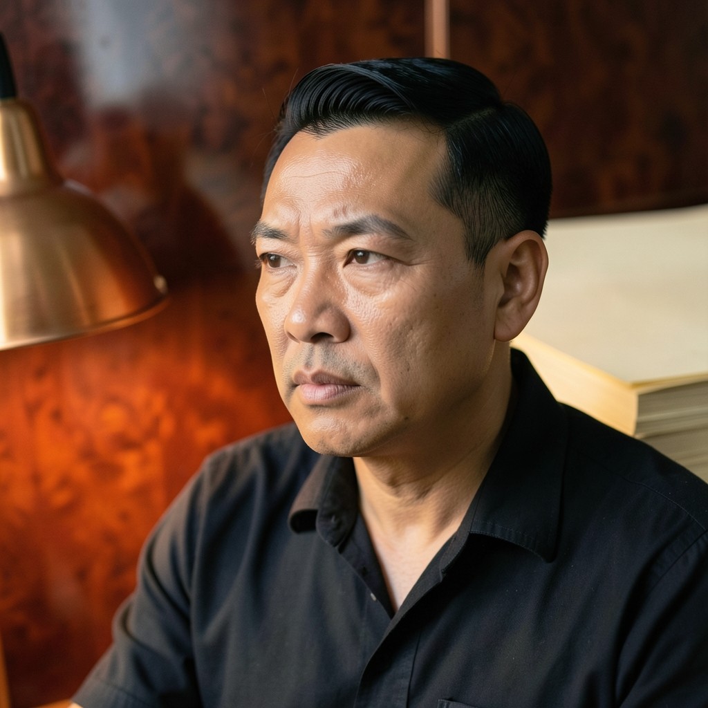 Portrait of Wichai Boonmee, a man in his forties, beside lacquered wood and ivory paper