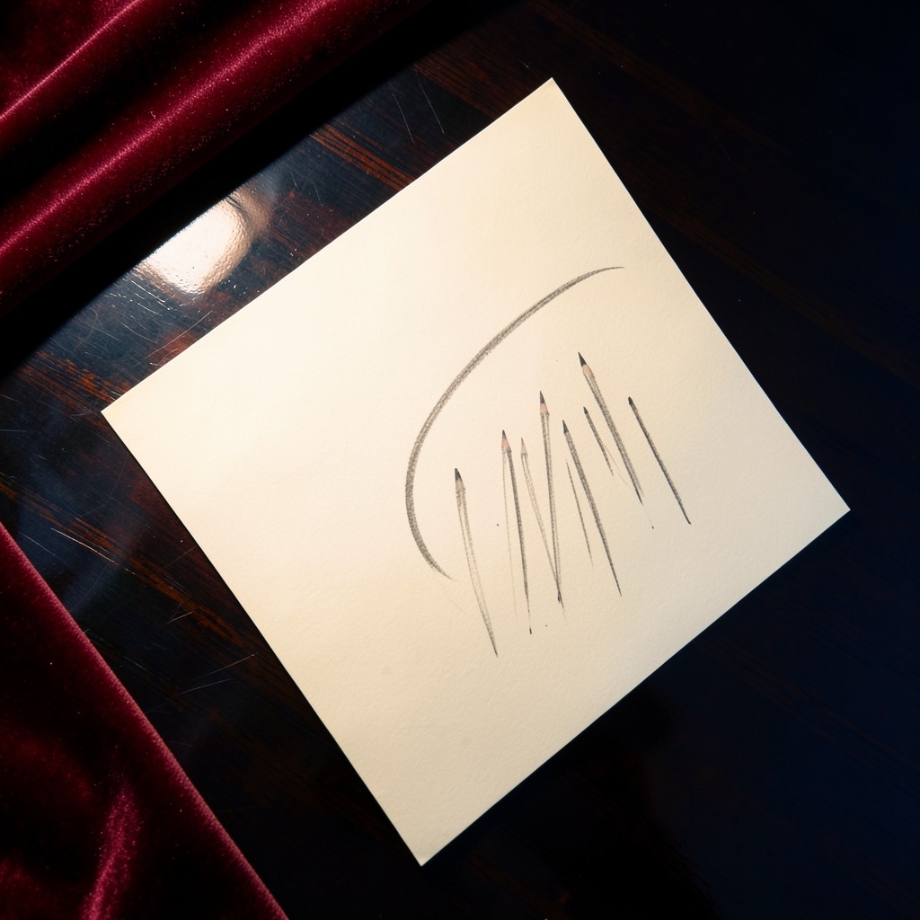 A close view of ivory paper with vertical graphite strokes of different heights beside a single smooth curve