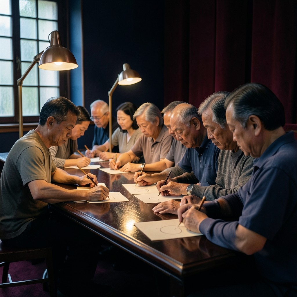 Adults seated along a lacquered table in a burgundy velvet room, marking smooth swing curves on large ivory sheets