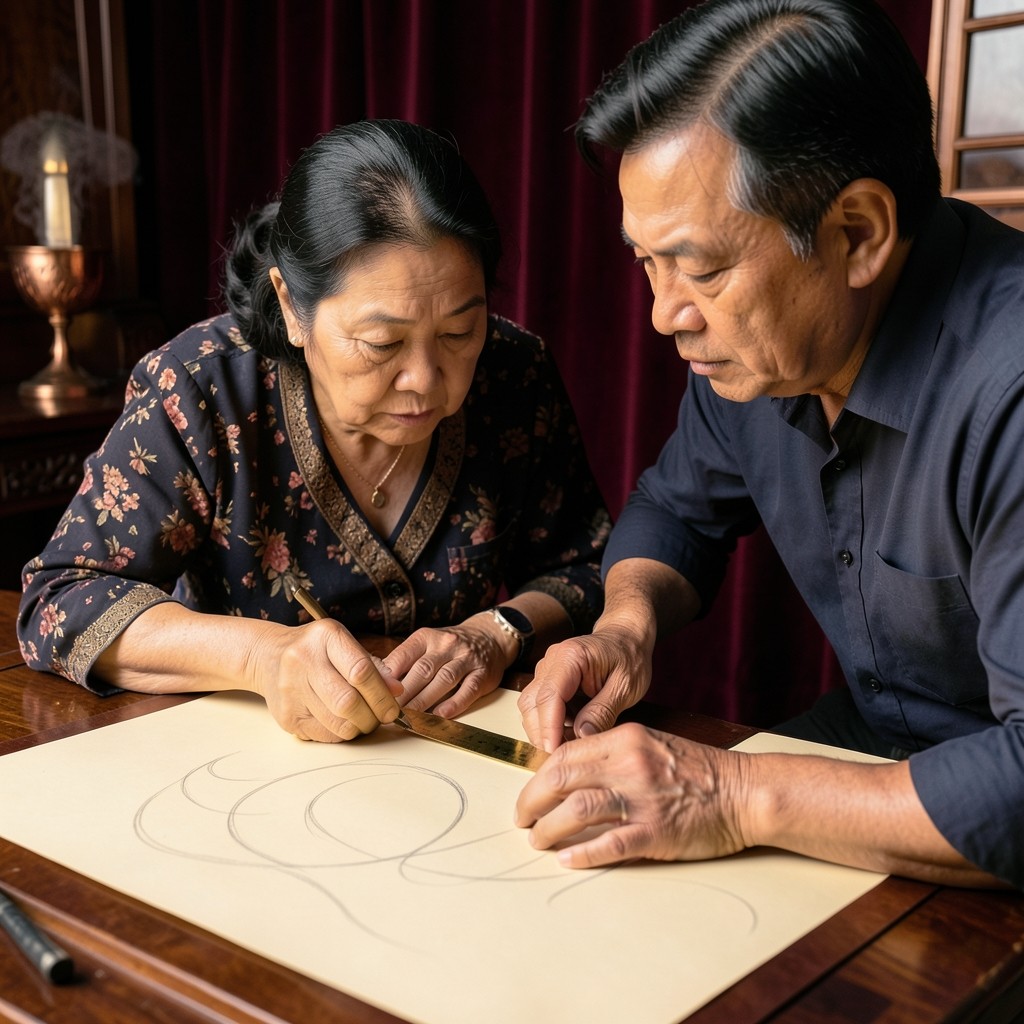 Two adults leaning over one large sheet of paper in copper light, a brass ruler between them