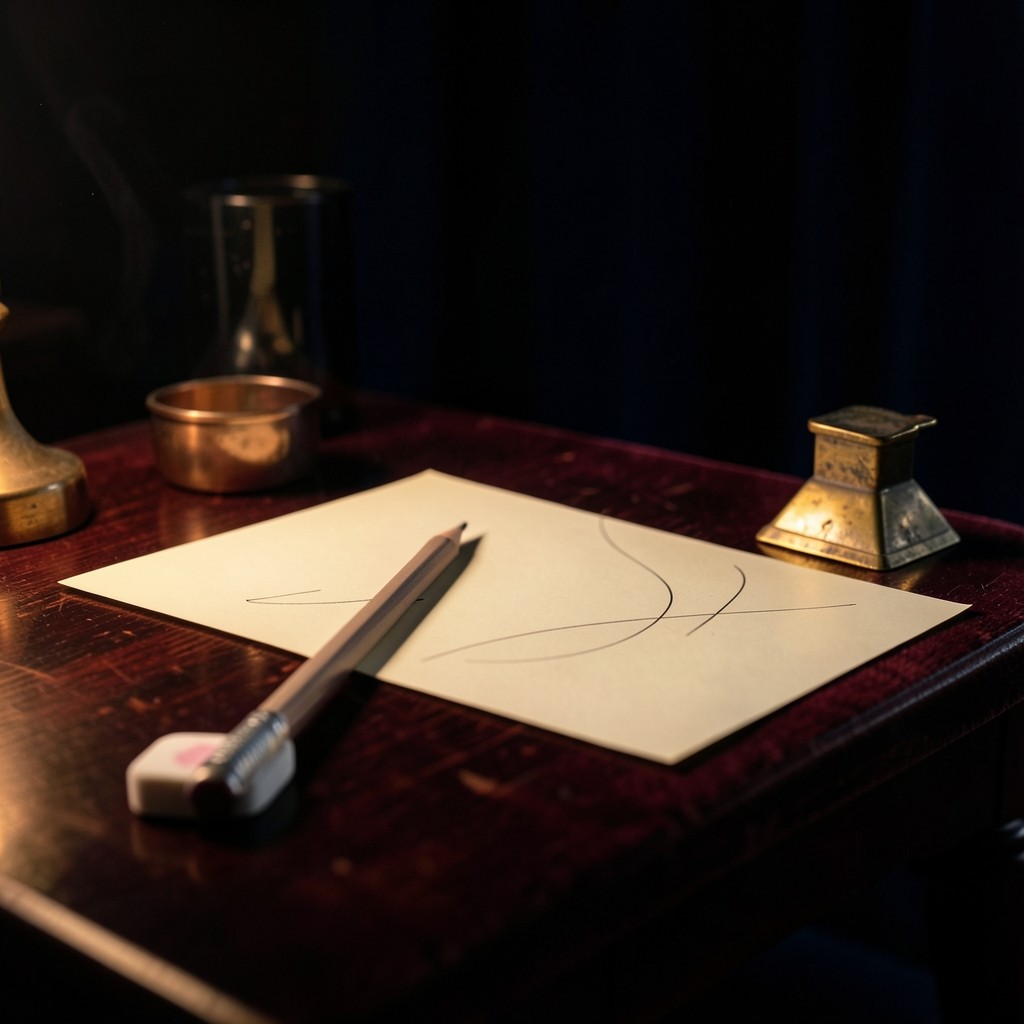 One student desk with a pencil, eraser, brass weight, and paper of curves and short vertical strokes